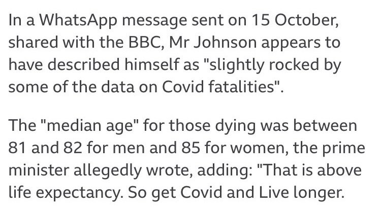 Image from BBC article showing Boris Johnson's "Get COVID and live longer" quote