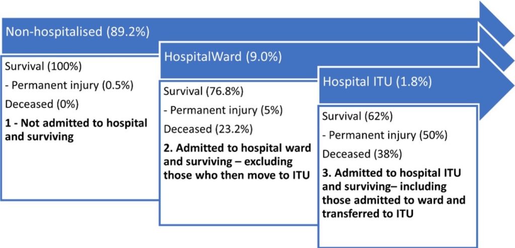Illustration of the number assumed to survive, with or without permanent injury, from the non-hospitalised, ward and ITU populations